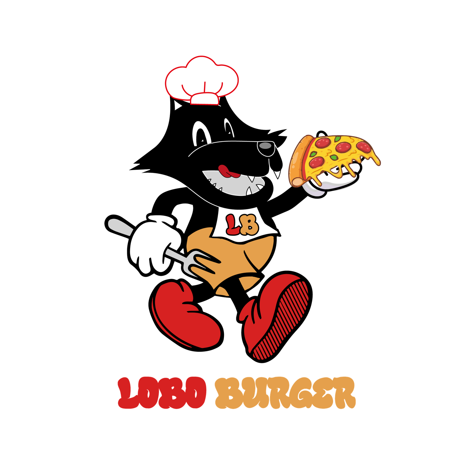 Mascota Lobo Burger con pizza