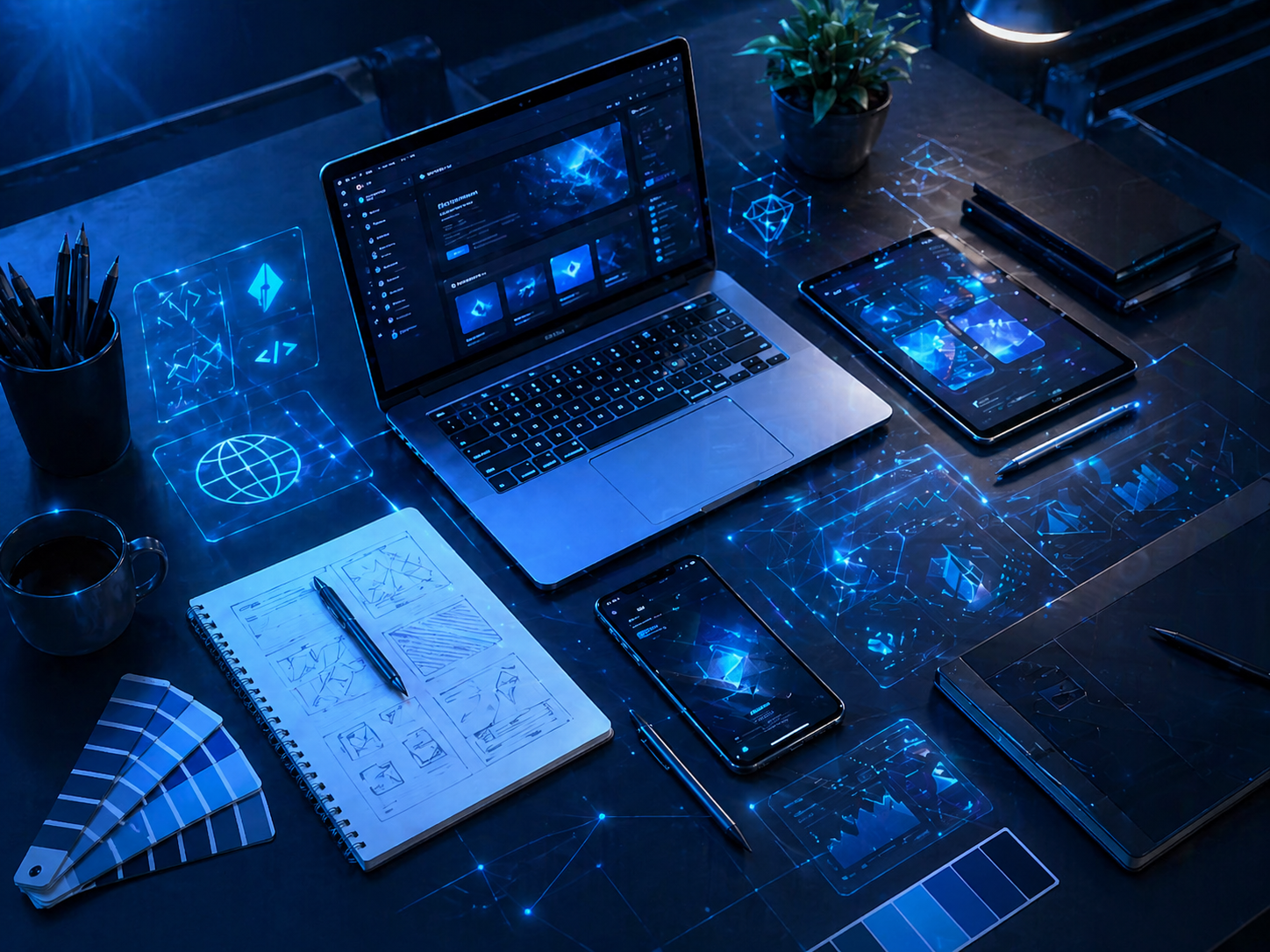 Visual de desarrollo digital, IA, apps y marketing